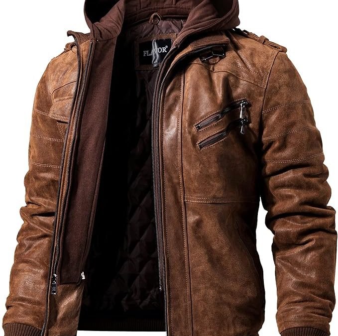 FLAVOR Men Brown Leather Motorcycle Jacket with Removable Hood