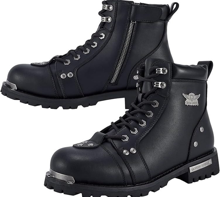 GARGOYLE BELLS Men’s Motorcycle Boots PU Leather Combat Boots for Men Biker Boots with Lace-Up and Side Zipper (Black, US Footwear Size System, Adult, Women, Numeric, Medium, 10)